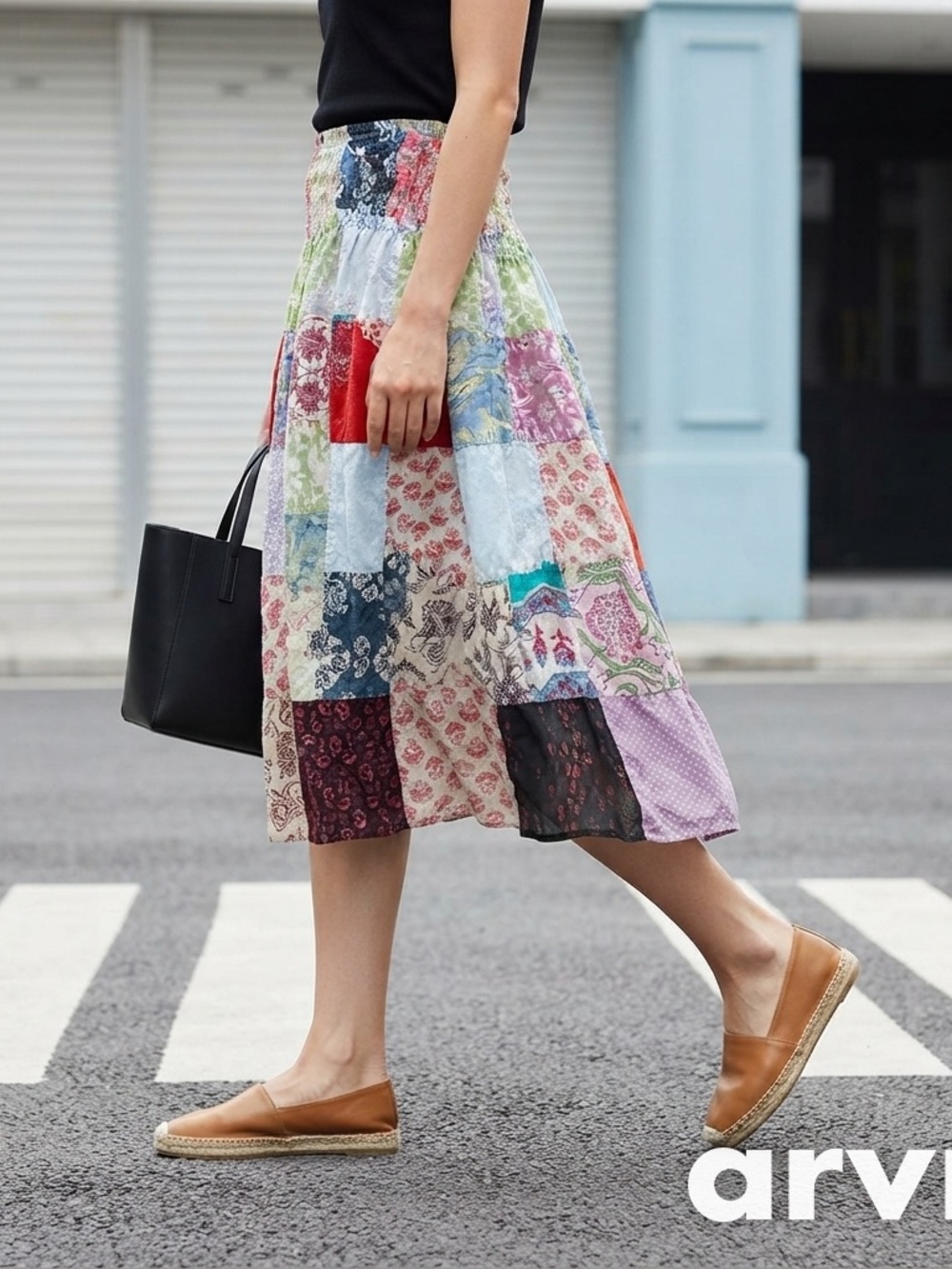 Multicolor Patchwork Midi Skirt with Elastic Waist